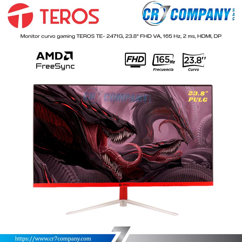 Monitor curvo gaming TEROS TE- 2471G, 23.8 FHD VA, 165 Hz, 2 ms, HDMI, DP-1