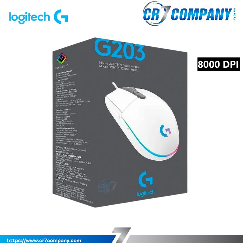 MOUSE LOGITECH G203 LIGHTSYNC OPTICAL 8000 DPI RGB WHITE (910-005791)-P-1